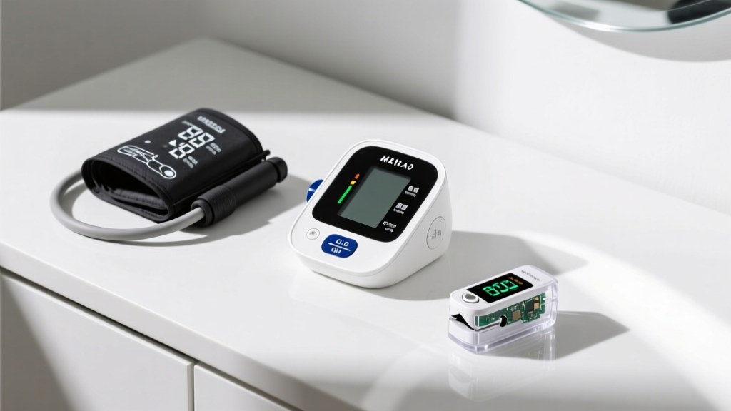 Flat lay of budget medical gadgets including a blood pressure cuff, smart scale, and pulse oximeter on a clean white vanity.