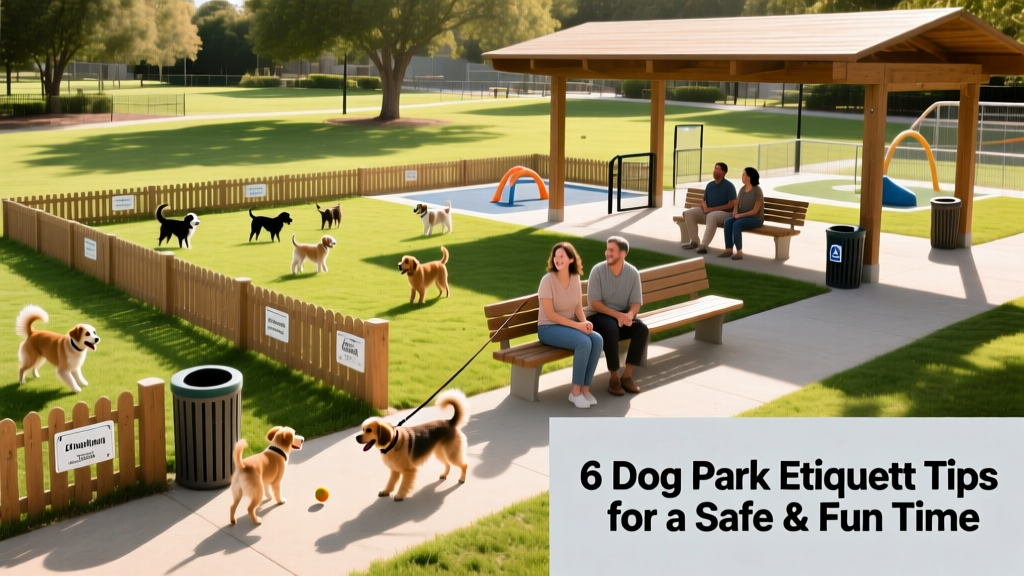 A sunny, well-maintained dog park with separate zones for small and large dogs, shaded benches, and dogs playing calmly