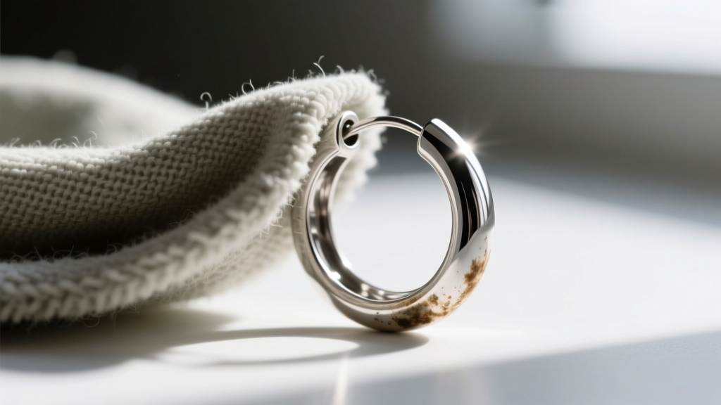 Macro shot of a microfiber cloth wiping a tarnished sterling silver hoop earring, revealing the bright polished metal underneath