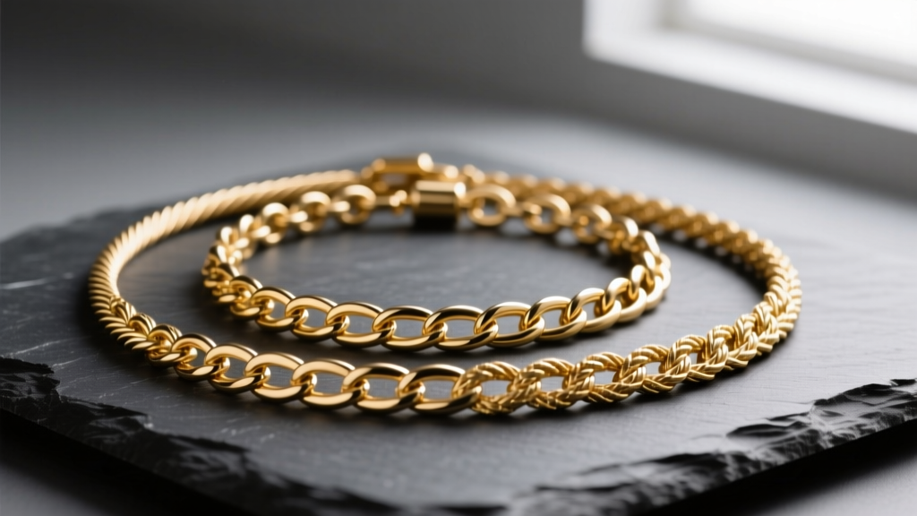 Close-up macro shot of three layered gold necklaces with different chain weaves resting on dark slate, highlighting link textures