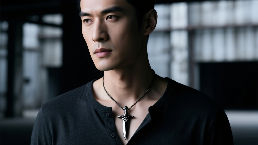 Close-up of a man wearing a matte black steel sword necklace over a dark henley shirt, illuminated by moody cinematic lighting