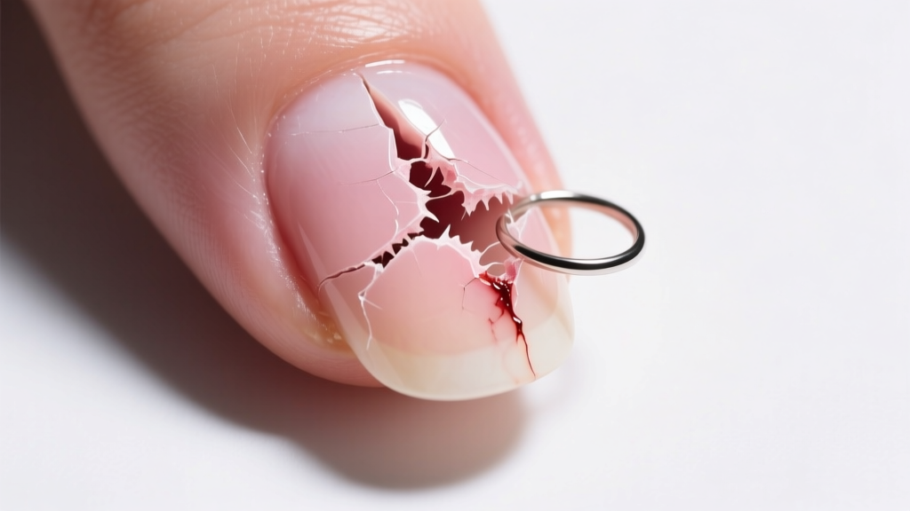 Overhead view of a fingernail with a split free edge where a micro ring was snagged and torn out, revealing keratin damage