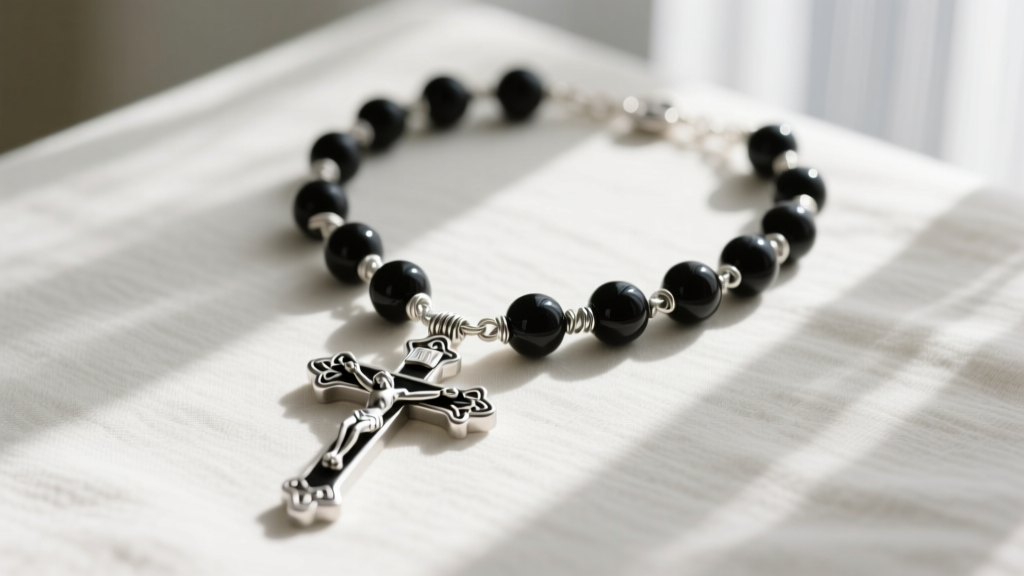 Flat lay of an onyx and sterling silver rosary necklace on linen, soft light highlighting the crucifix and wire-wrapped beads.