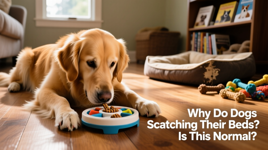 A dog focused on solving a treat-dispensing puzzle toy on the floor