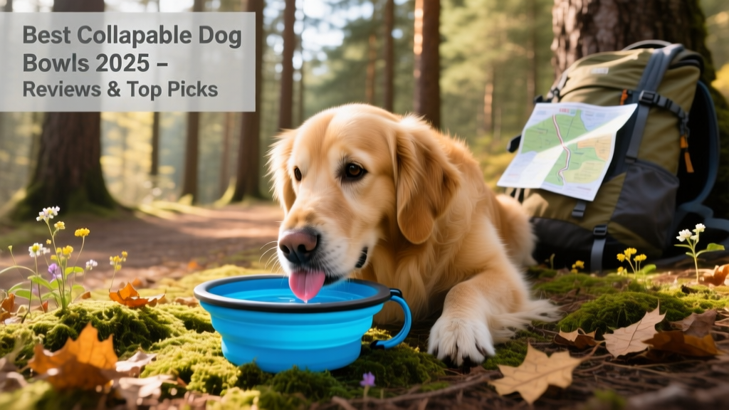 A dog drinking from a bright blue collapsible bowl during a hiking break on a forest trail