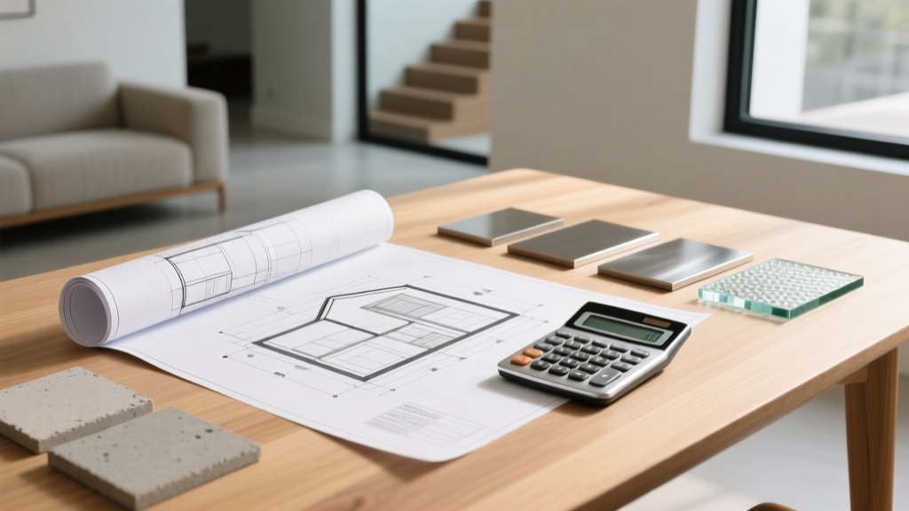Architectural blueprints spread on a wooden table next to a calculator and material samples for a large modern home build