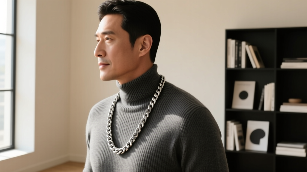 Side profile of a broad-shouldered man in a crewneck sweater wearing a 22-inch 316L stainless steel rope chain, natural daylight