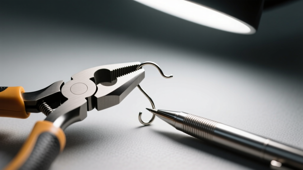 Nylon jaw pliers reshaping a bent 22-gauge titanium hanger earring wire over a steel mandrel pen under bright focused desk light.