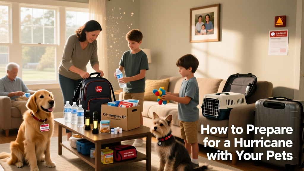 Family packing emergency supplies with dogs and cats nearby in a living room