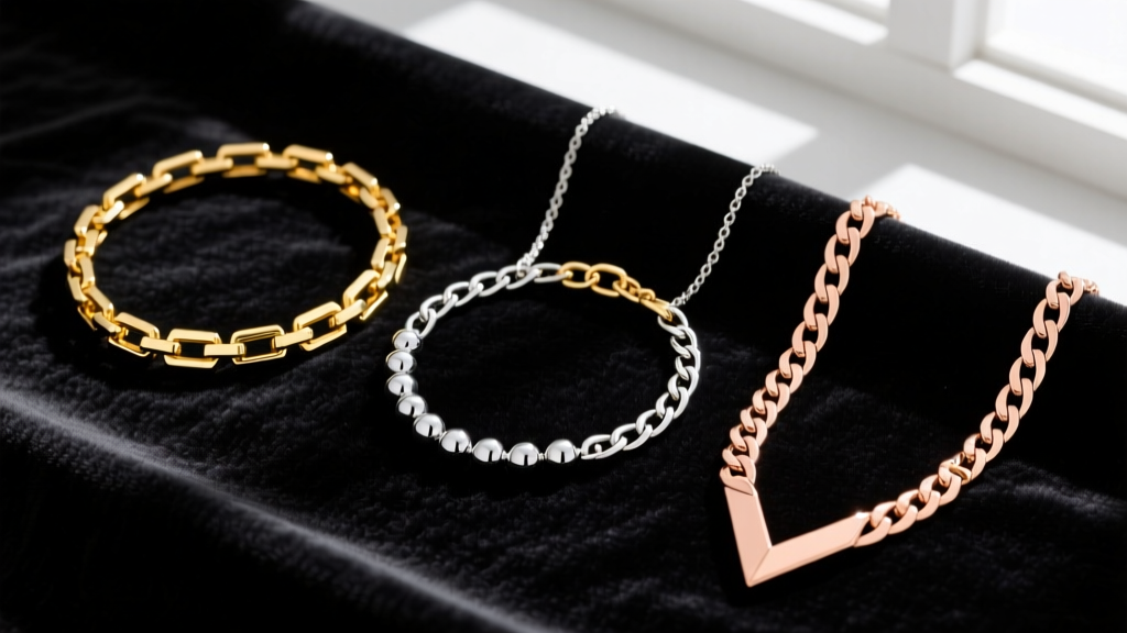A flat-lay photography of three distinct necklace chains: a box chain, a figaro chain, and a herringbone chain on dark velvet.