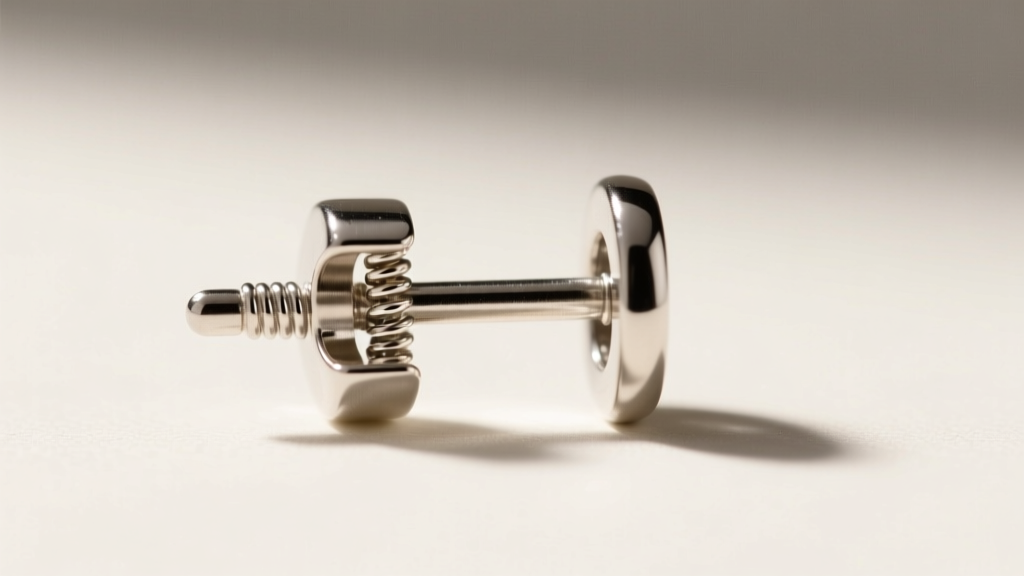 Detailed view of an 8mm stud earring secured with a La Pousette locking back, showing the spring mechanism and thick 18g post.