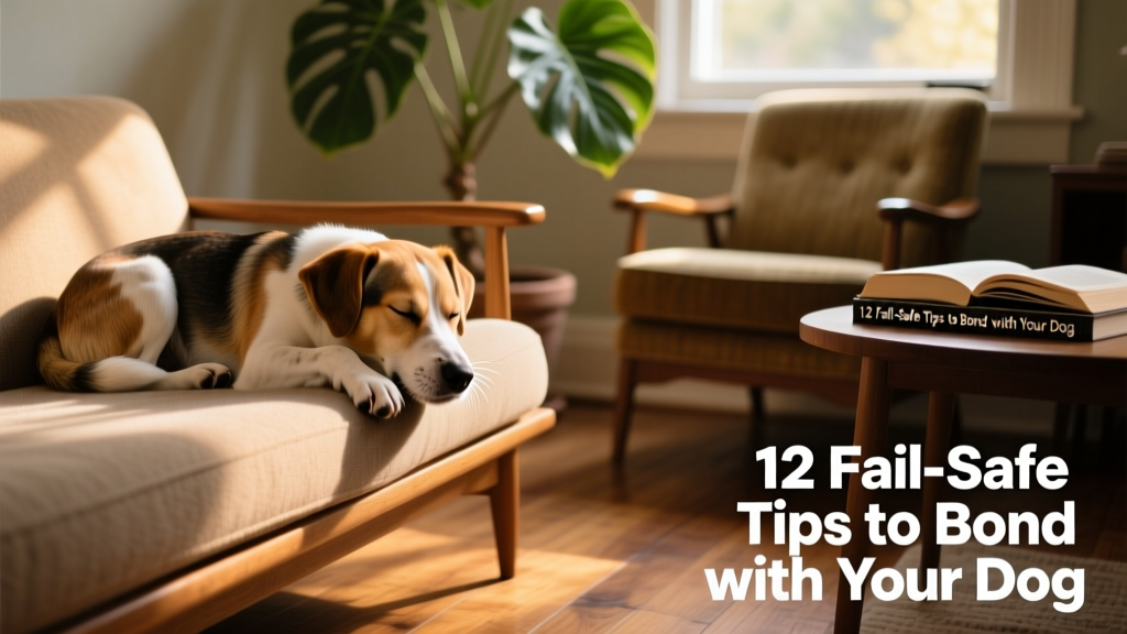 Small mixed-breed dog curled comfortably under a low sofa, eyes soft and relaxed