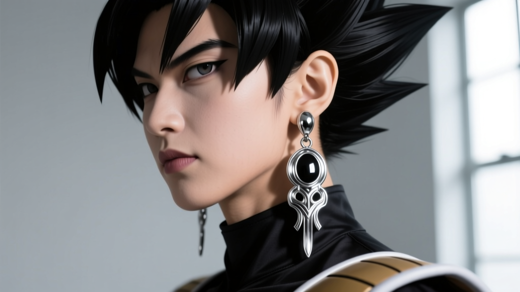Cosplayer wearing a long silver Goku Black earring replica, side lighting highlighting the metallic drop against dark hair.