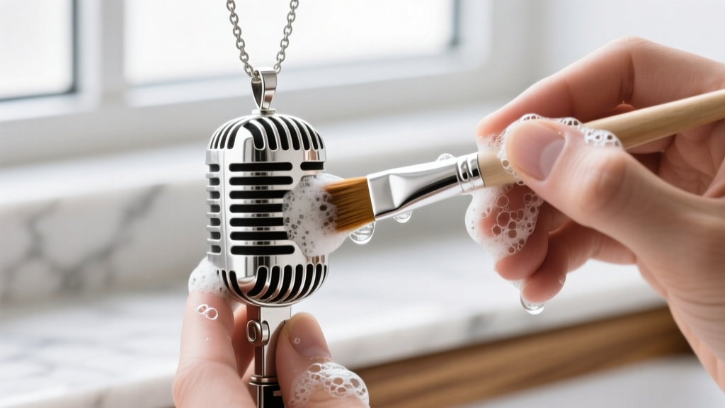 Hands using a soft-bristled brush and mild soapy water to gently clean the intricate metal grill of a silver mic pendant