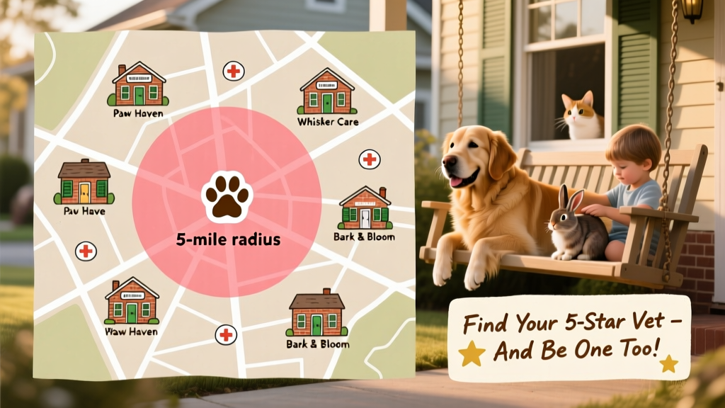 Map showing vet clinics near a residential neighborhood with highlighted '5-mile radius' zone