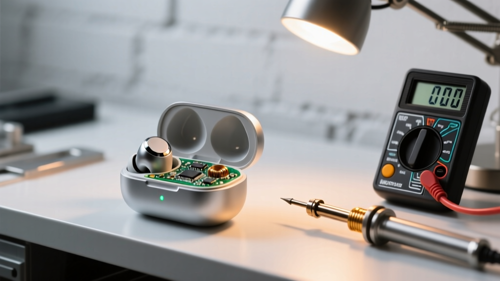 Close-up of a disassembled true wireless earbud on a workbench next to a tiny soldering iron and multimeter, bathed in warm desk light.