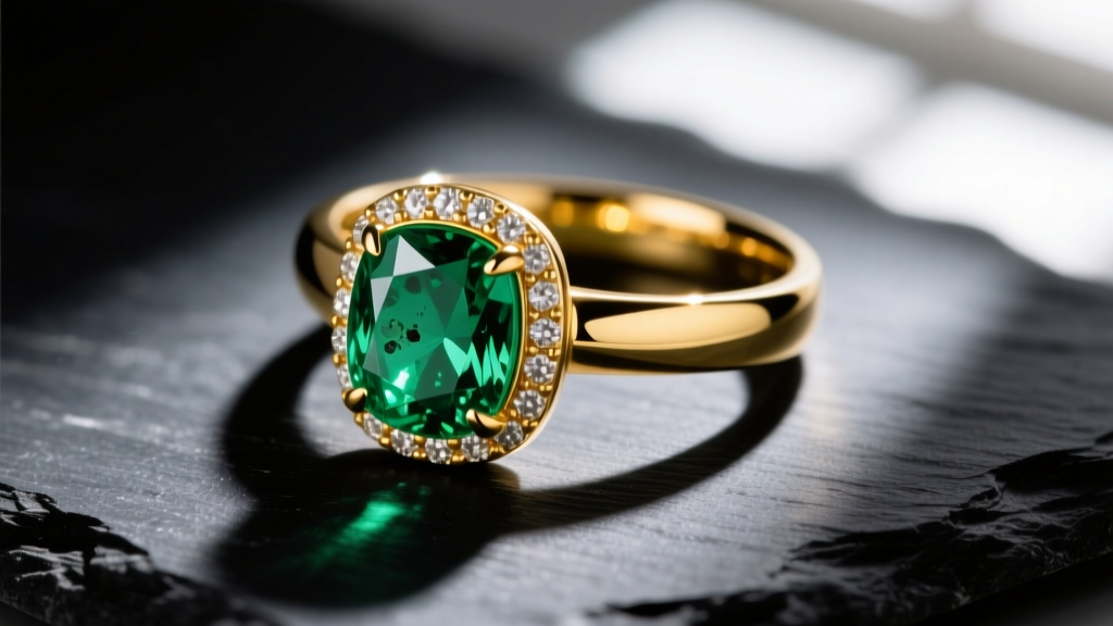Macro shot of a bezel-set emerald birthstone ring in 18k yellow gold resting on dark slate with dramatic side lighting.