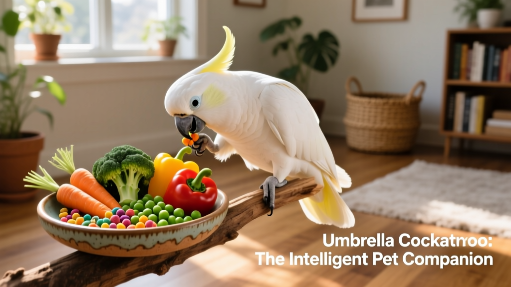 Healthy umbrella cockatoo eating a colorful mix of vegetables and pellets from a ceramic dish