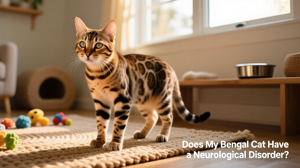 Bengal cat standing unsteadily with slight head tilt, showing signs of imbalance