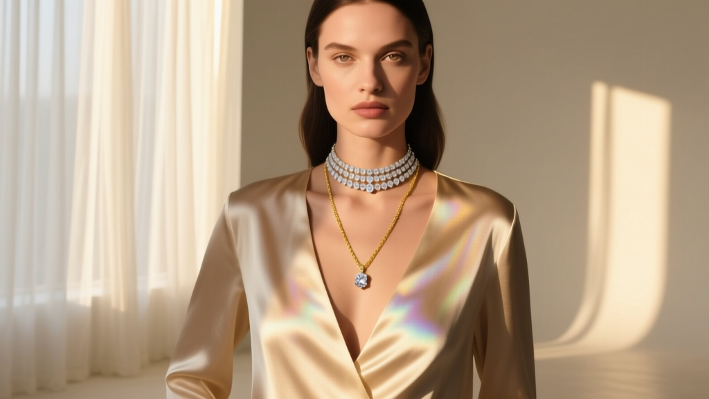 Editorial shot of a diamond choker layered with a longer gold pendant chain over a deep V-neck silk blouse in natural daylight.