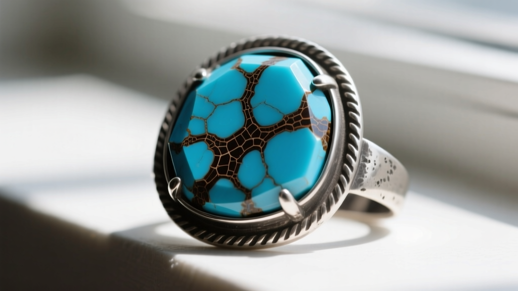 Macro shot of rough-cut Persian turquoise set in an oxidized 925 silver bezel, highlighting the dark brown matrix webbing details