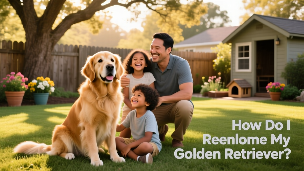 Golden Retriever sitting calmly beside a smiling family in a sunlit backyard