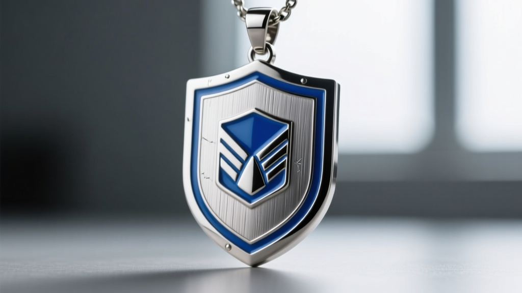 Macro shot of a 316L stainless steel Survey Corps shield pendant, showing brushed metal texture and blue cold enamel accents.