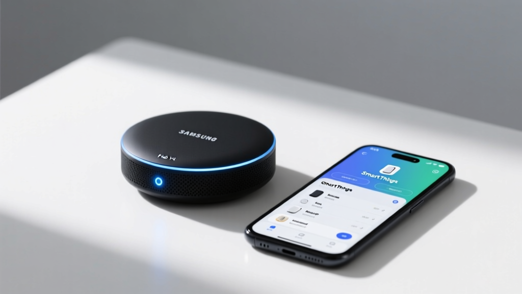 Samsung SmartThings Hub V4 device with LED status indicator next to a smartphone displaying the SmartThings app dashboard and device list
