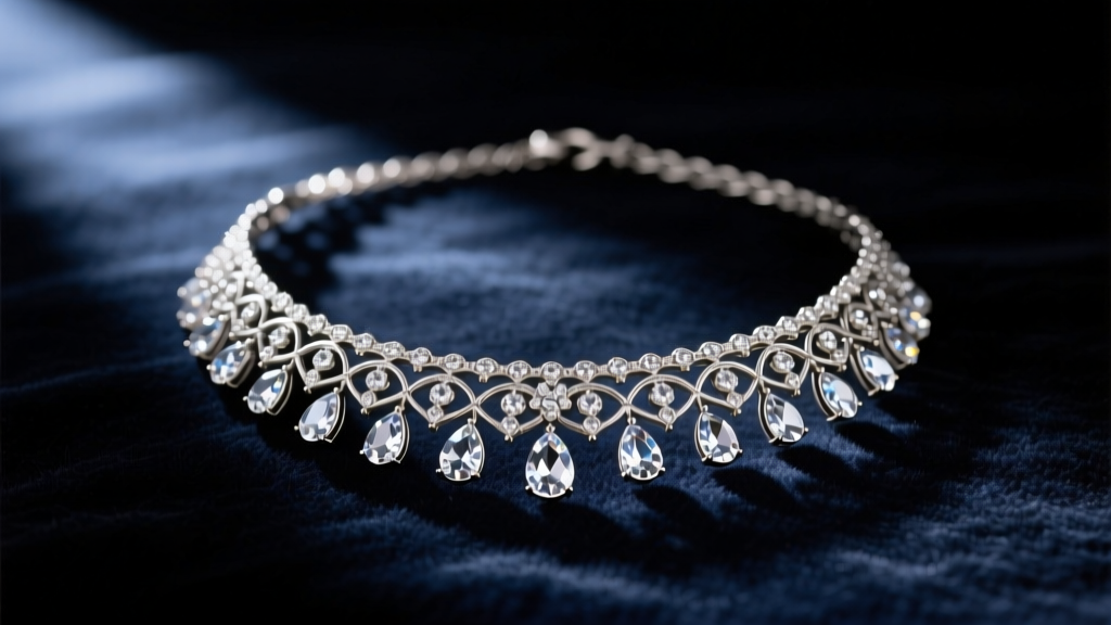 Antique silver and paste crystal necklace on dark navy velvet, lit by a warm spotlight to reveal brilliant facet reflections.