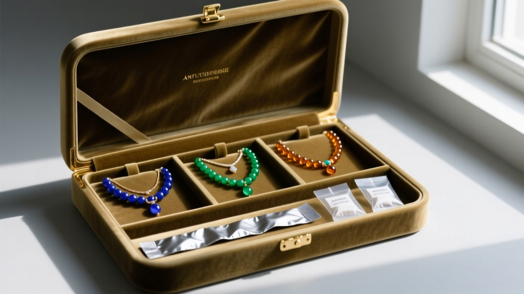 Jewelry box with velvet compartments, anti-tarnish strips, and silica packets protecting handmade beaded necklaces from tarnish