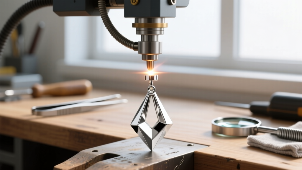 A jeweler workbench showing a laser welder fusing a thick 14-gauge titanium post onto a heavy, solid silver geometric drop earring