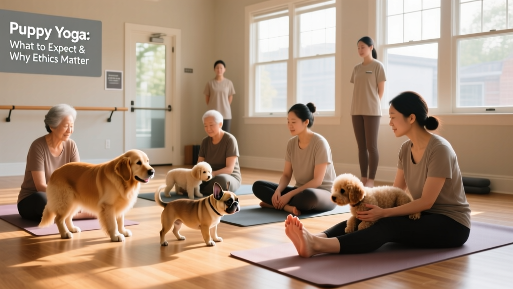 A calm, sunlit yoga studio with 4–6 gentle puppies interacting with participants on mats; staff members quietly observing nearby
