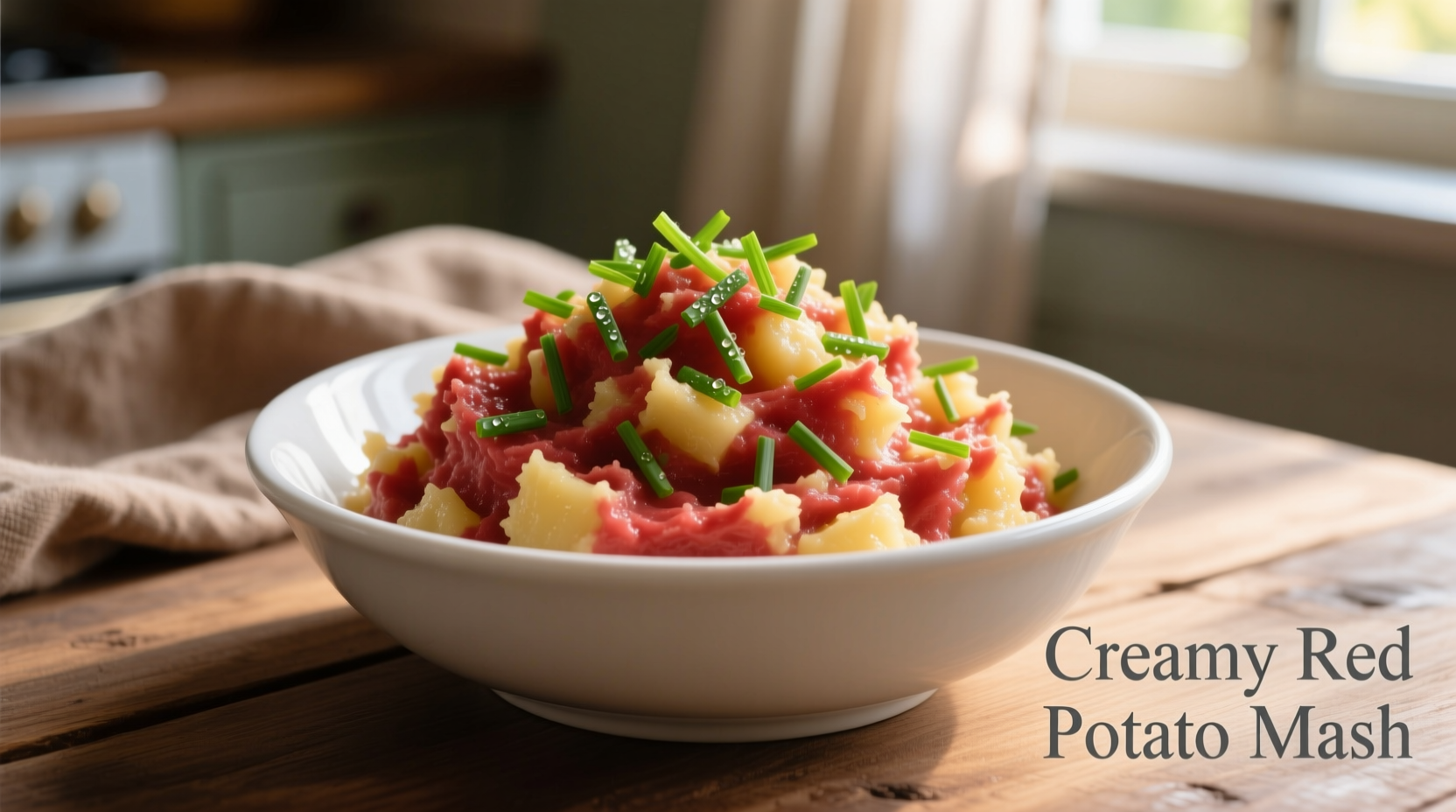 Creamy red potato mash in white bowl with chives