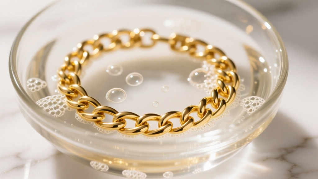 Close-up of a sparkling 14k yellow gold link bracelet soaking in a glass bowl of soapy water under warm, soft overhead lighting.