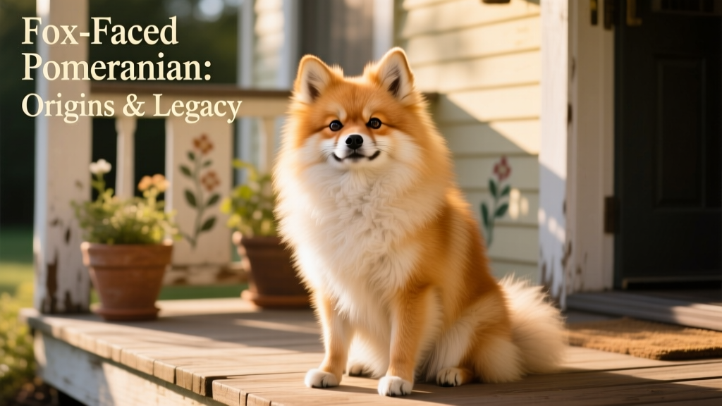A healthy adult Fox Face Pomeranian sitting attentively on a sunlit porch, showcasing its alert expression and lush coat
