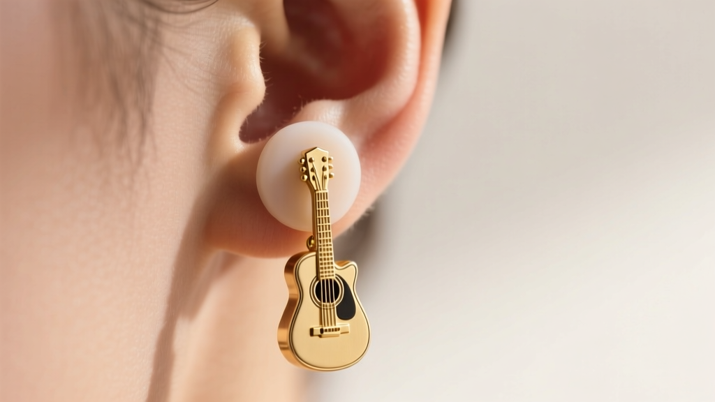 Macro shot of a silicone support patch holding a heavy brass acoustic guitar drop earring securely on a freshly pierced earlobe.