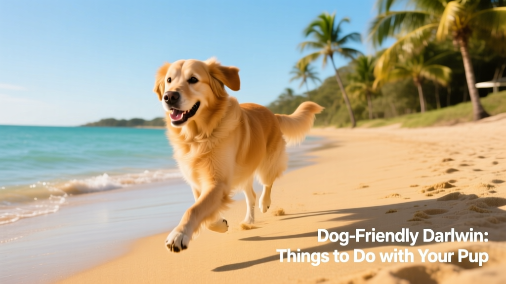 A happy medium-sized dog trotting along a sunlit, sandy shoreline at a dog-friendly Darwin beach, with calm turquoise water and palm trees in the background