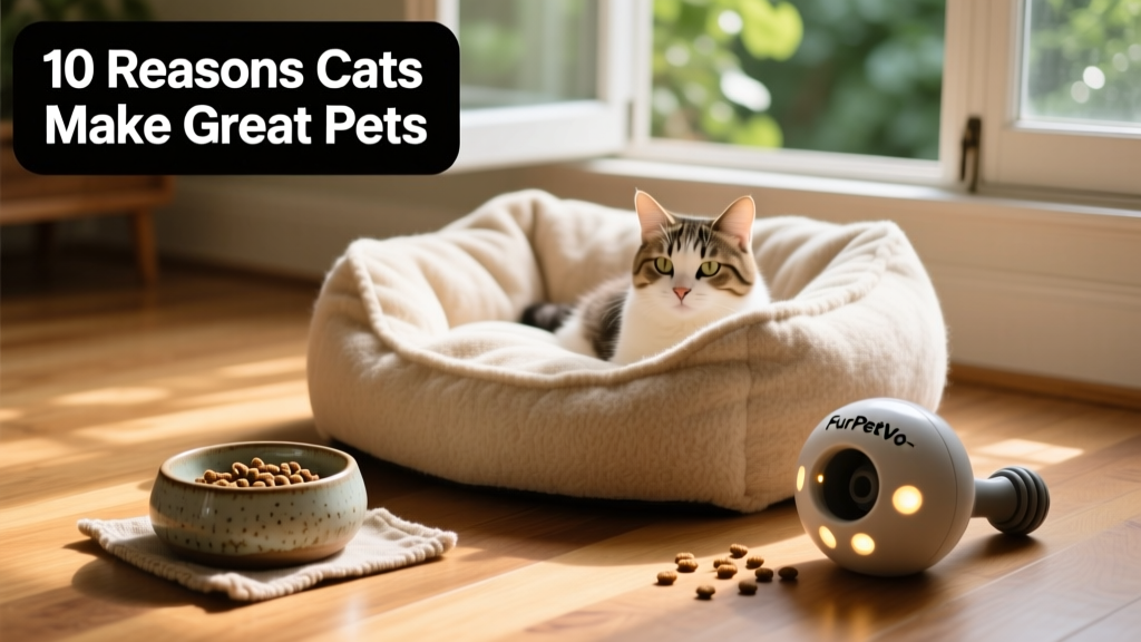 A cozy setup with a cat bed, ceramic food bowl, and FurPetVo-branded interactive toy on a hardwood floor