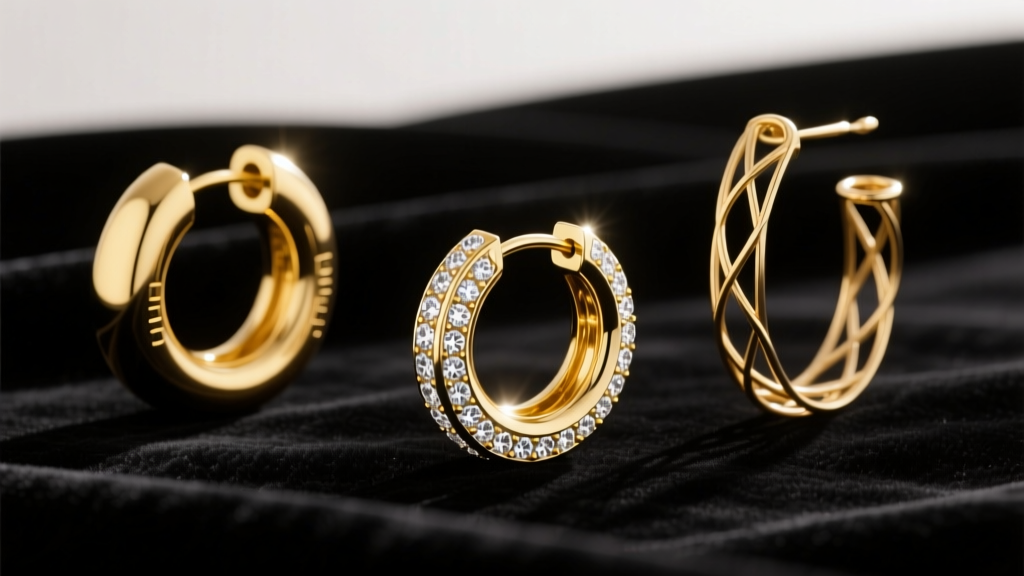 Flat lay of three gold hoops on dark velvet: a diamond huggie, a thick latch-back, and a hollow electroformed tubular statement earring