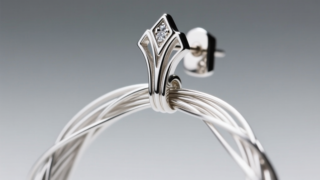 Macro shot of 26-gauge argentium silver wire strands cascading from an art deco earring cap under bright, crisp studio lighting.