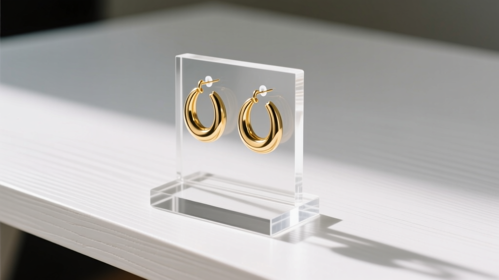 Clear cast acrylic earring stand holding gold hoops, illuminated by soft studio lighting on a clean white wooden desk surface setup.