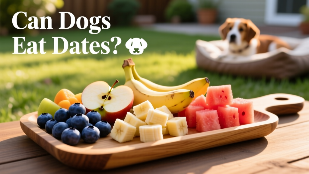 A colorful assortment of dog-safe fruits—blueberries, apple slices, banana chunks, and watermelon cubes—on a pet-friendly serving tray