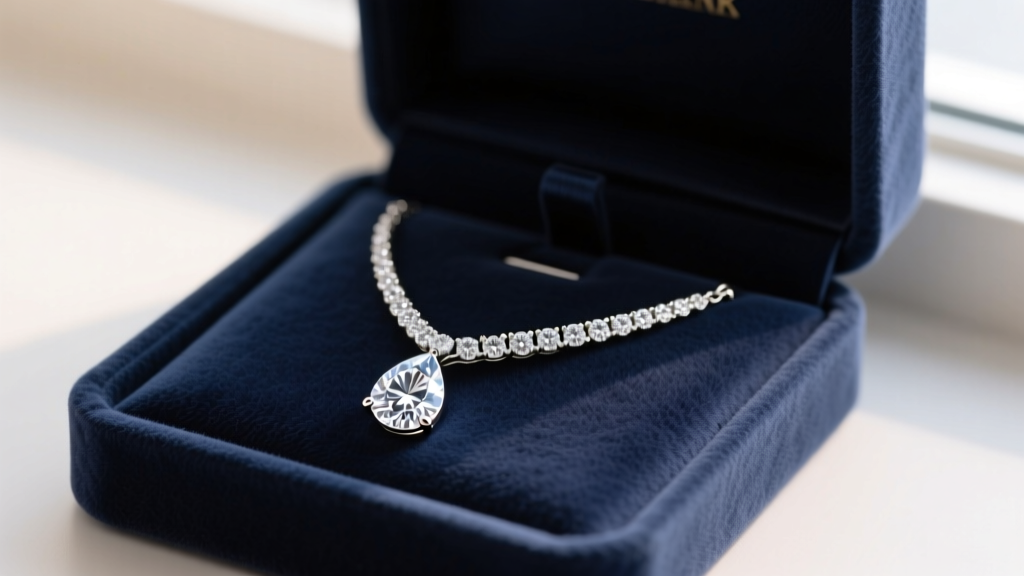 Pear shaped diamond tennis necklace resting in a suede-lined box, separated from other jewelry to prevent delicate prong snagging