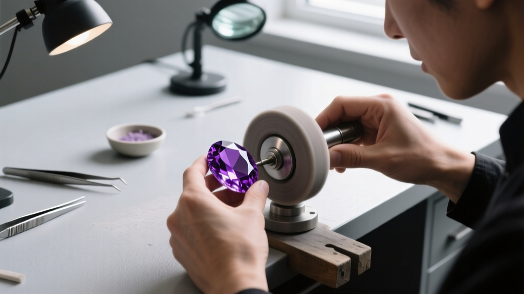 Jeweler using a specialized cerium oxide polishing wheel to restore the luster of a cloudy amethyst jewelry stone on a workbench
