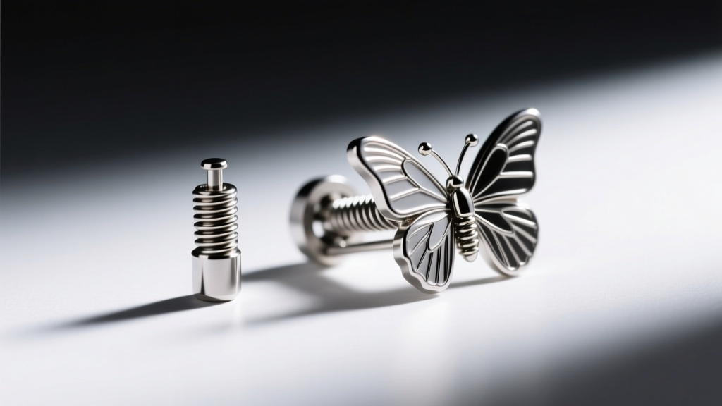 Macro view of a steel earring post and butterfly clutch showing tension grooves and inner springs under bright studio lighting.