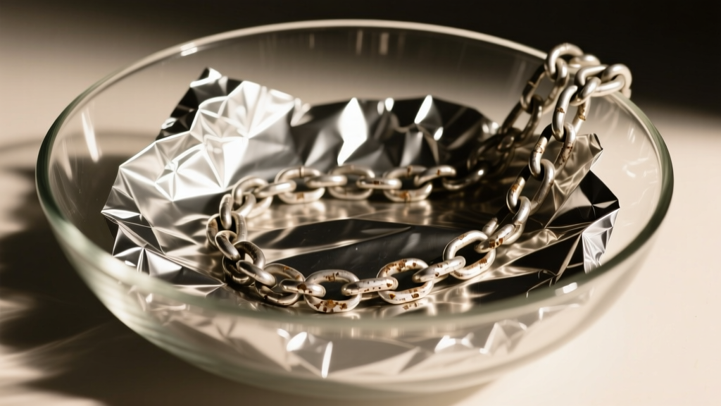 A tarnished sterling silver chain resting on aluminum foil in a glass bowl, illuminated by warm directional studio lighting setup