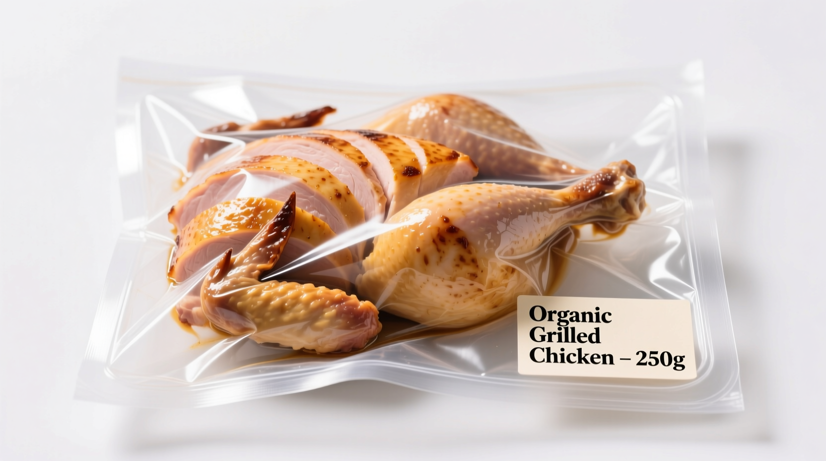 Properly packaged cooked chicken in vacuum-sealed bags