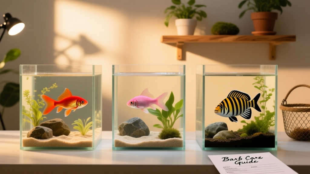 Side-by-side comparison of cherry barbs, rosy barbs, and tiger barbs in separate aquariums