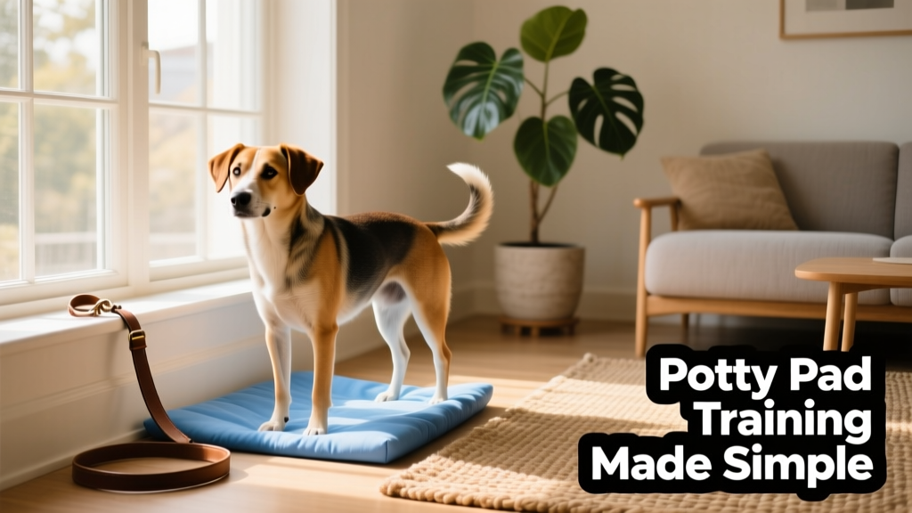 A calm, well-lit living room with a dog standing on a blue potty pad near a window, a leash nearby