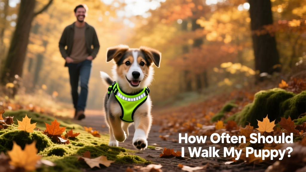 A mixed-breed puppy wearing a bright harness, exploring fallen leaves on a forest path with owner nearby